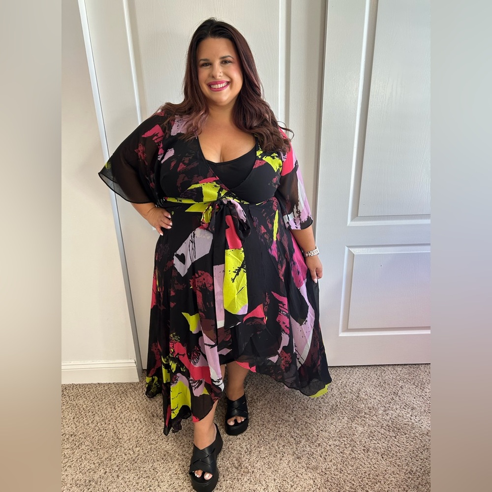City Chic Black Maxi Dress with Neon Yellow, Magenta & Lavender Abstract Print